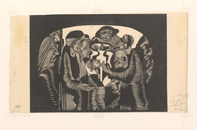 Gruppe af figurer i en bue Visionær fantasi: gruppe af figurer, indkapslet i en bueform, øverst i midten en frontal mand med en hat af Samuel Jessurun de Mesquita (signed by artist)