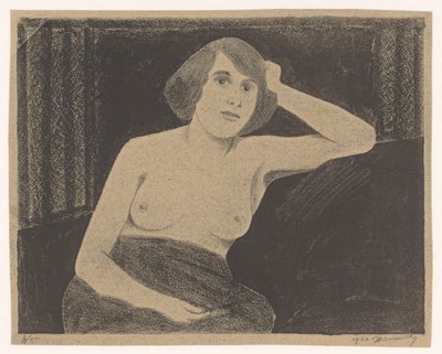 Kvinde nøgen, siddende på en sofa, hånd mod hoved af Samuel Jessurun de Mesquita (signed by artist)