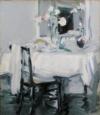 Et interiør med roser i en vase på et bord (olie på lærred) af Samuel John Peploe