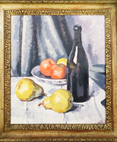 Æbler, pærer og en sort flaske på et draperet bord, ca. 1928 af Samuel John Peploe