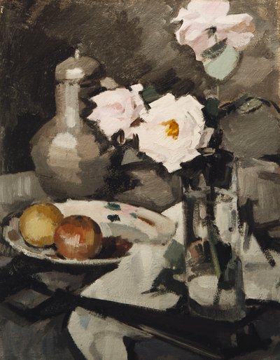 Lyserøde roser i en glasvase, ca. 1924 af Samuel John Peploe