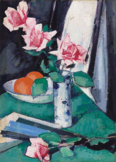 Stilleben med lyserøde roser og appelsiner i en blå og hvid vase, af Samuel John Peploe