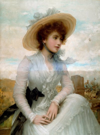 Portræt af en ung kvinde med en stråhat Tryk af Samuel Luke Fildes (1843-1927) Paris fra det 19. århundrede, dekorativ kunst af Samuel Luke Fildes