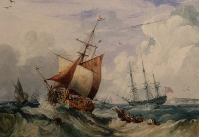 En fransk fisker i en dønning ud for Dover (akvarel) af Samuel Owen