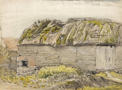 En lade med moset tag, Shoreham (akvarel med brun vask, blæk, gouache og blyant på papir) af Samuel Palmer