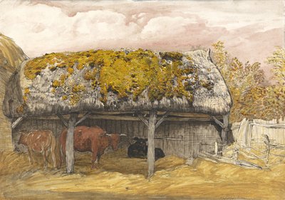 A Cow Lodge with a Mossy Roof, ca. 1829 (pen & blæk med akvarel og gouache på papir) af Samuel Palmer