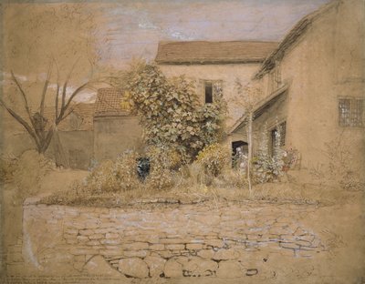 A House and Garden at Tintern, 1835 (pen & blæk, wc & kropsfarve over grafit & sort kridt på lyserødt buff-papir) af Samuel Palmer