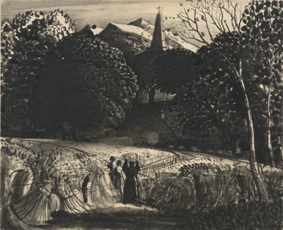 Cornfield and Church by Moonlight (pensel og sort blæk på papir) af Samuel Palmer