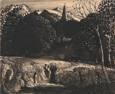 Kornmark og kirke ved måneskin af Samuel Palmer
