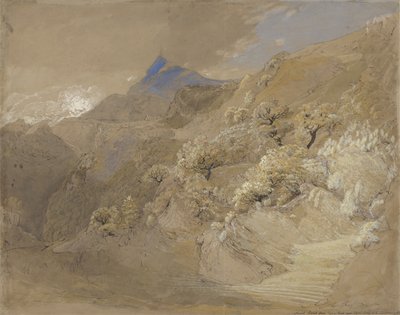 Mount Siabod fra Tyn-y-Coed nær Capel Curig (pen & blæk, kropsfarve og akvarel på papir) af Samuel Palmer