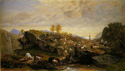 Rustik med får og geder i et klippelandskab (akvarel over blyant forhøjet med gummi arabicum på papir) af Samuel Palmer