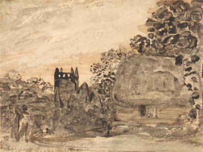 Stråtækt sommerhus og kirke af Samuel Palmer