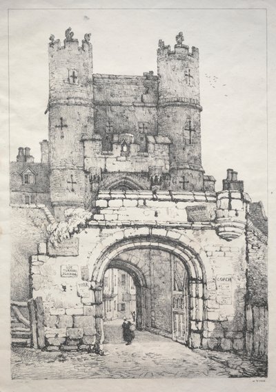 En række antikke bygninger og landlige hytter i det nordlige England: Ved York, Medieval Gate af Samuel Prout