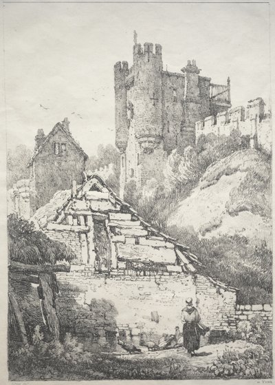 En række gamle bygninger og landlige hytter i det nordlige England: I York, gård med høns af Samuel Prout
