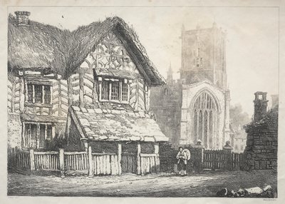 En serie af gamle bygninger og landlige hytter i det nordlige England: Helmsley, 1821. af Samuel Prout