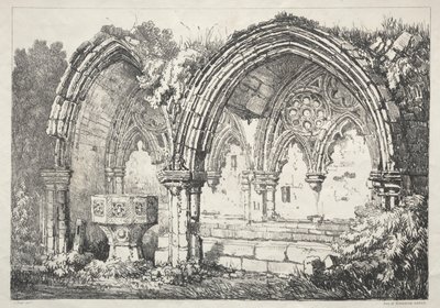 En serie af gamle bygninger og landlige hytter i det nordlige England: En del af Kirkham Abbey, 182 af Samuel Prout