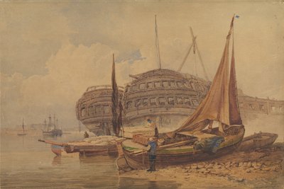 Kystscene med strandede både i forgrunden, begyndelsen af midten af det 19. århundrede. af Samuel Prout