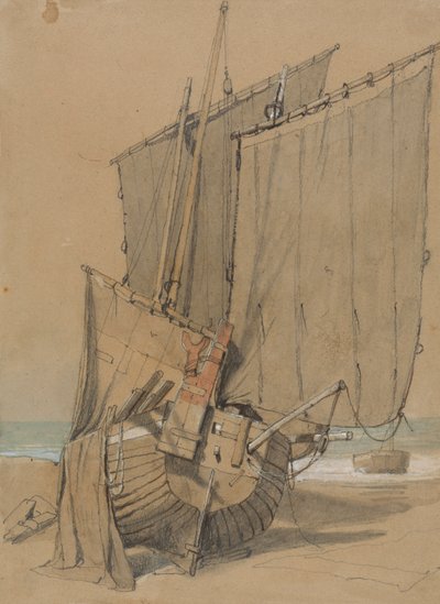 Fiskerbåde på stranden med sejltørring af Samuel Prout