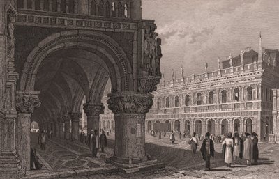 Forkortelse af arkade af Dogepaladset (Palazzo Ducale) med udsigt over Markuspladsen og Bibliotekspaladset, Venedig, Veneto, Italien, stålstik efter tegning af Samuel Prout (1783-1852), ca. 15x11,5 cm af Samuel Prout