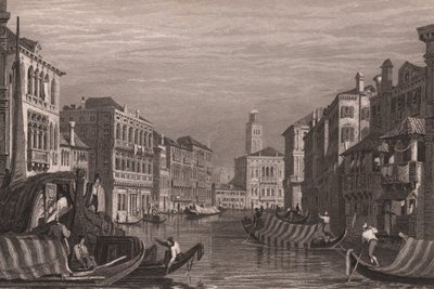 Gondoler på Canal Grande (Canal Grande), Venedig, Veneto, Italien, stålgravering efter tegning af Samuel Prout (1783-1852), ca. 15x11,5 cm af Samuel Prout