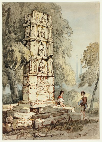 To figurer ved siden af middelalderlige ruiner med kirke i det fjerne af Samuel Prout