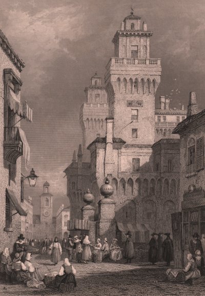 Udsigt over Castello Estense, Ferrara, Emilia-Romagna, Italien, stålstik af John Godfrey (ca. 1817-1889) efter tegning af Samuel Prout (1783-1852), ca. 26x17 cm, udgivet af Blackie and Son af Samuel Prout