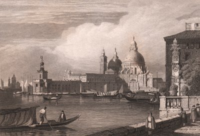 Udsigt over Canal Grande (Canal Grande) med Punta della Dogana og Basilica di Santa Maria della Salute i baggrunden, Venedig, Veneto, Italien, stålgravering efter tegning af Samuel Prout (1783-1852), ca. 15x11,5 cm af Samuel Prout