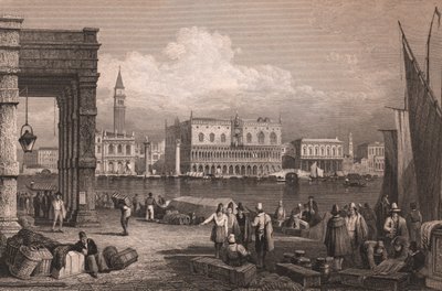 Udsigt over Markusbassinet i Venedig, Veneto, Italien, stålgravering efter tegning af Samuel Prout (1783-1852), ca. 15x11,5 cm af Samuel Prout