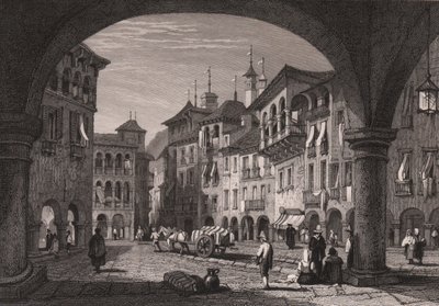 Näkymä torille Domodossolassa, Piemontessa, Italiassa, teräskaiverrus Samuel Proutin (1783-1852) piirroksesta, n. 16x11 cm af Samuel Prout