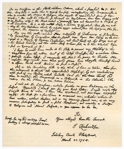 Brev fra Samuel Richardson, 22. marts 1754. af Samuel Richardson