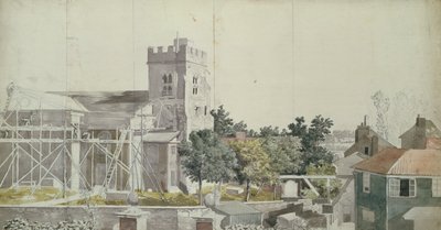Twickenham Church under stillads, 1700-tallet (wc, pen og blæk på papir) af Samuel Scott