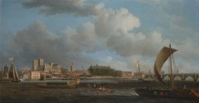 Westminster fra Lambeth, med Ceremonial Barge fra Ironmongers Company af Samuel Scott