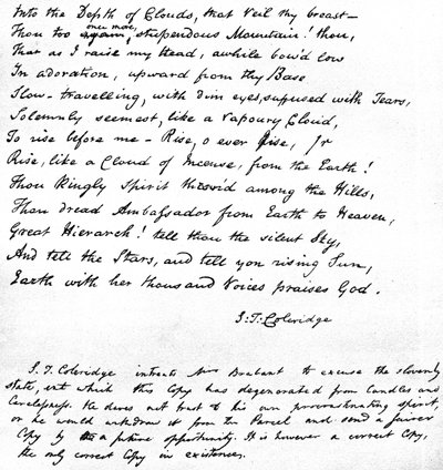 Sidste linjer af Coleridges digt Hymn before Sunrise in the Vale of Chamouni, skrevet med digternes egen håndskrift og sendt i et brev til fru Brabant af Devizes, 1815 af Samuel Taylor Coleridge