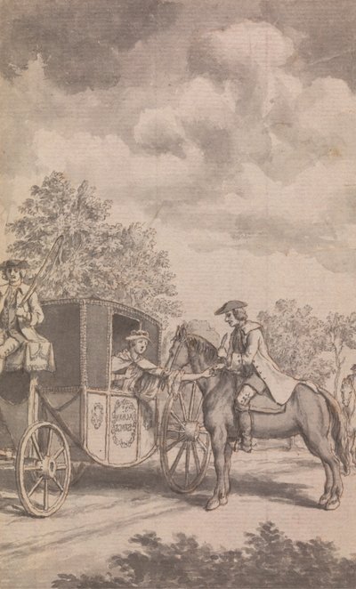 En illustration til Newgate-kalenderen: Raby finder en kvindes ring svær at blive trukket af, klipper hendes finger af, nær Finchley af Samuel Wale
