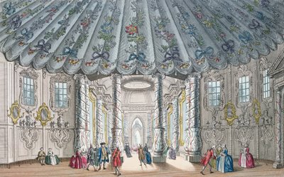 Indvendig udsigt over det elegante musikrum i Vauxhall Gardens, indgraveret af H. Roberts, 1752 (håndfarvet gravering) af Samuel Wale