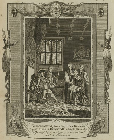 Lord Cromwell præsenterer en ny oversættelse af Bibelen for kong Henry VIII i London i år 1538 af Samuel Wale