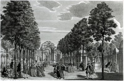 Triumfbuerne, Händels statue i South Walk of Vauxhall Gardens, indgraveret af John S. Muller (håndfarvet radering og gravering) af Samuel Wale