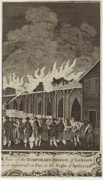 Udsigt over den midlertidige bro i London, som den så ud i brand om natten den 11. april 1758 af Samuel Wale