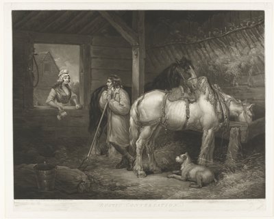 Gesprek in de stal Rustik samtale (titel på objekt) af Samuel William Reynolds (I)
