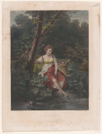 Ung kvinde med krans af blomster og fødder i vandet La Baigneuse (titel på objekt) af Samuel William Reynolds (I)