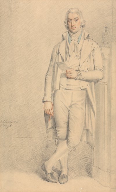 En gentleman i fuld længde, der holder et papir og en blyant af Samuel de Wilde