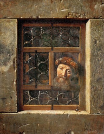 Gammel mand i vinduet - Samuel Dirksz van Hoogstraten (1627-1678). olie på lærred af Samuel van Hoogstraten