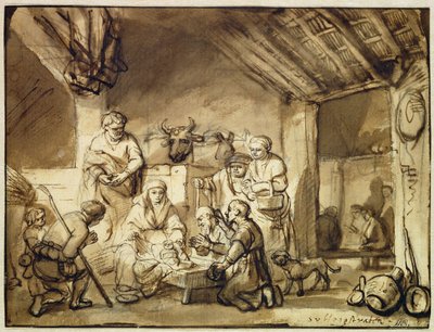 Hyrdernes tilbedelse (pen og blæk skylles over sort kridt på papir) af Samuel van Hoogstraten
