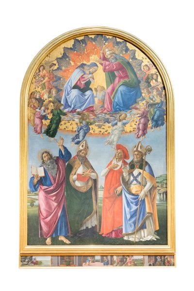 Jomfruens kroning med engle og Johannes evangelisten, den hellige Augustin af Sandro Botticelli