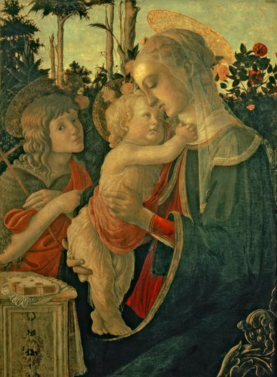 Madonna og barn med St. Johannes Døberen (olie på panel) (for detaljer se 93885, 93887) af Sandro Botticelli