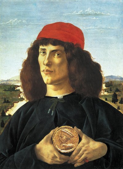 Portræt af mennesket med Cosme Medicis den ældres medalje (ca. 1475), Maleri af Alessandro di Mariano de Philippi af Sandro Botticelli (1445-1510). Firenze, Uffizi-museet. af Sandro Botticelli