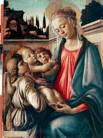 Madonna har barn med to engle Detrempe på træ af Sandro Filipepi dit Botticelli (1445-1510) 1468-1469 Dim. 100x71 cm Napoli, Galleria Nazionali di Capodimonte - Madonna og barn med to engle, af Sandro Filipepi a.k.a. Botticelli (1445-1510). Temperament af Sandro Botticelli