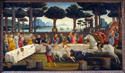 Historien om Nastagio degli Onesti: Banket i fyrreskoven, tredje panel i en serie på fire: Nastagio, ulykkelig forelsket, inviterer den kvinde, han elsker, og hans familie holder en banket for at vise dem epilogen af en historie, der ligner hans egen melle af Sandro Botticelli
