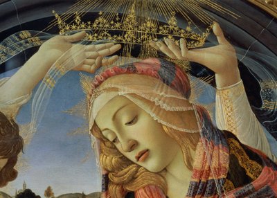 Madonnaen fra Magnificat, detalje af Jomfruens ansigt og krone af Sandro Botticelli