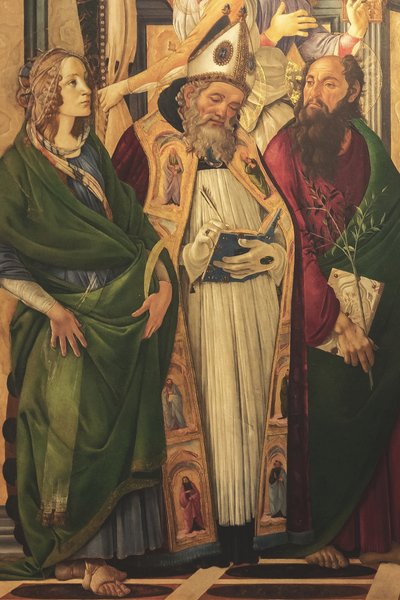Altertavle, hovedpanel: tronende Madonna, fire engle og helgener af Sandro Botticelli